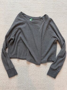 Honeydew Gray Waffle Knit Cropped Long Sleeve Top